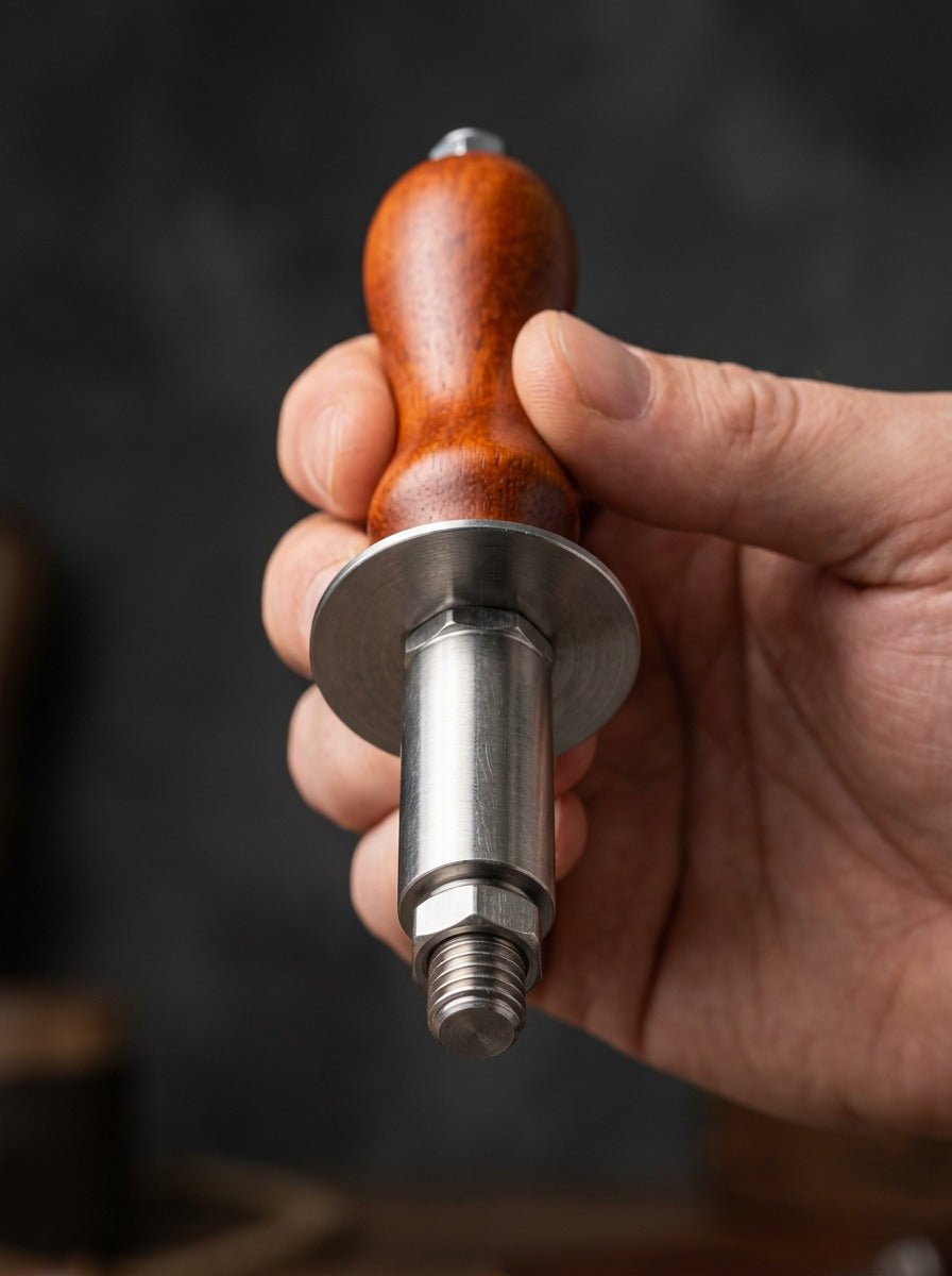 Hartholzgriff mit Edelstahl-Hitzeschild und Stahlhülse in der Hand (KI-Visualisierung)