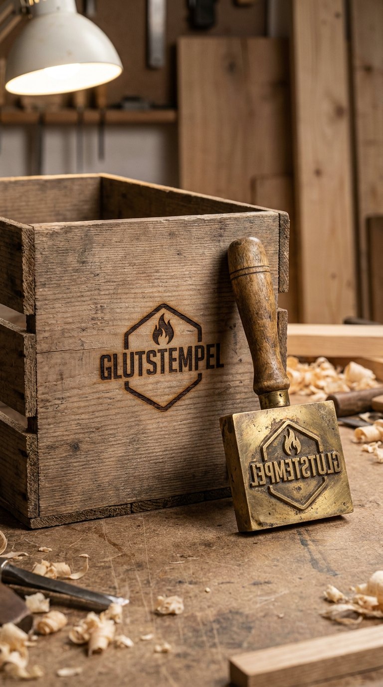 Holzkiste mit eingebranntem Zeichen