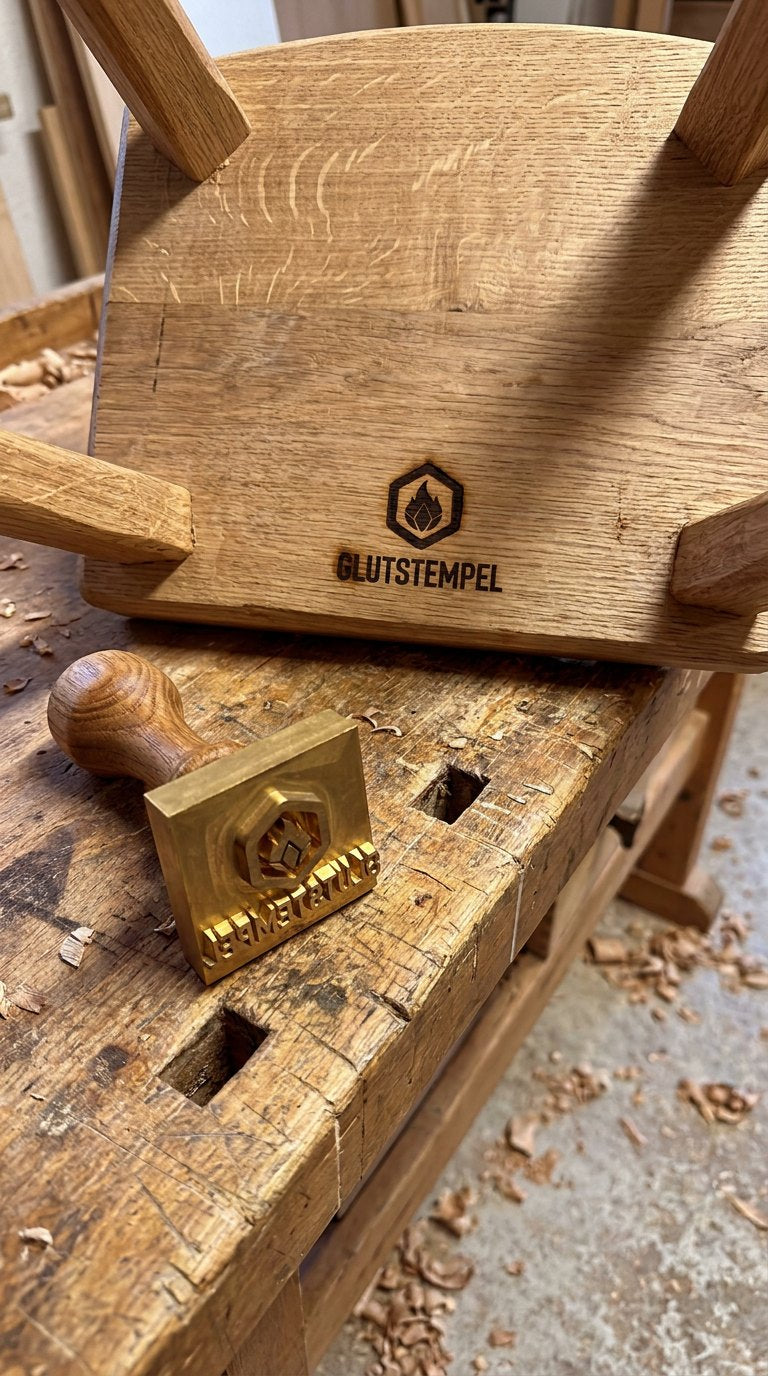 Messingstempel mit Holzgriff auf einer Werkbank, darüber ein gebrannter Hocker