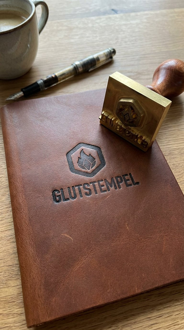 Notizbuch mit gebranntem Zeichen neben Messingstempel