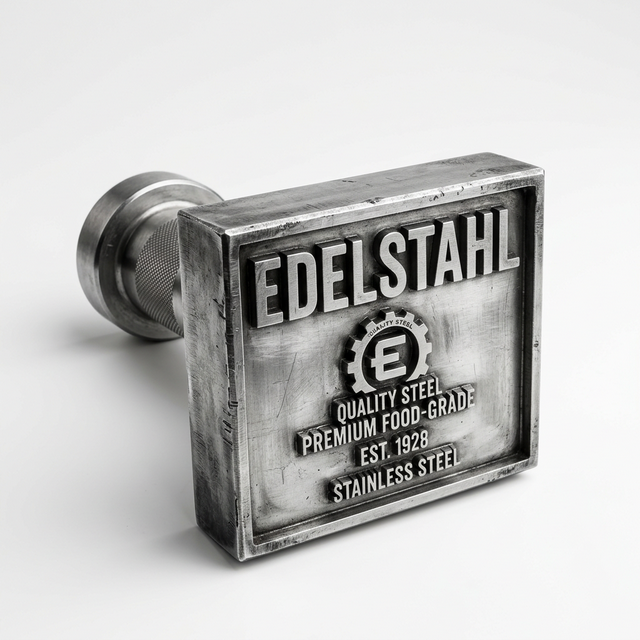 Lebensmittelechter Edelstahl-Brandstempel für Fleisch und Brot mit robustem Holzgriff und gravierter Prägeplatte.