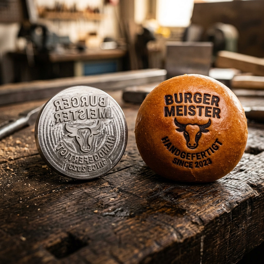 Lebensmittelechter Edelstahl-Brandstempel mit präzise gespiegelter Logo-Gravur auf dem Metallkopf und perfektem Abdruck auf Burger Bun.