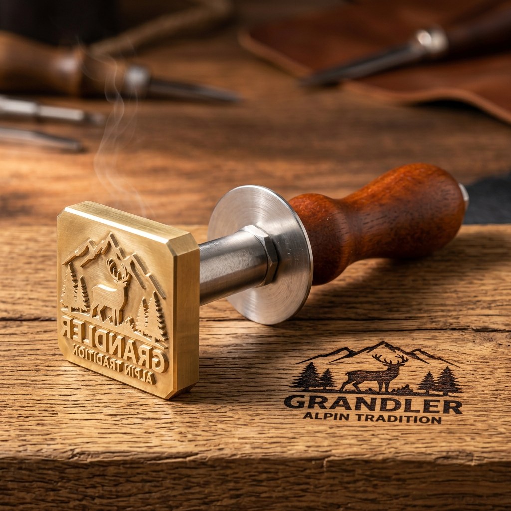 Motiv-Brandstempel Der Grandler mit Hirsch und Bergkamm, Messing mit Holzgriff, Abdruck auf Eiche (KI-Visualisierung)