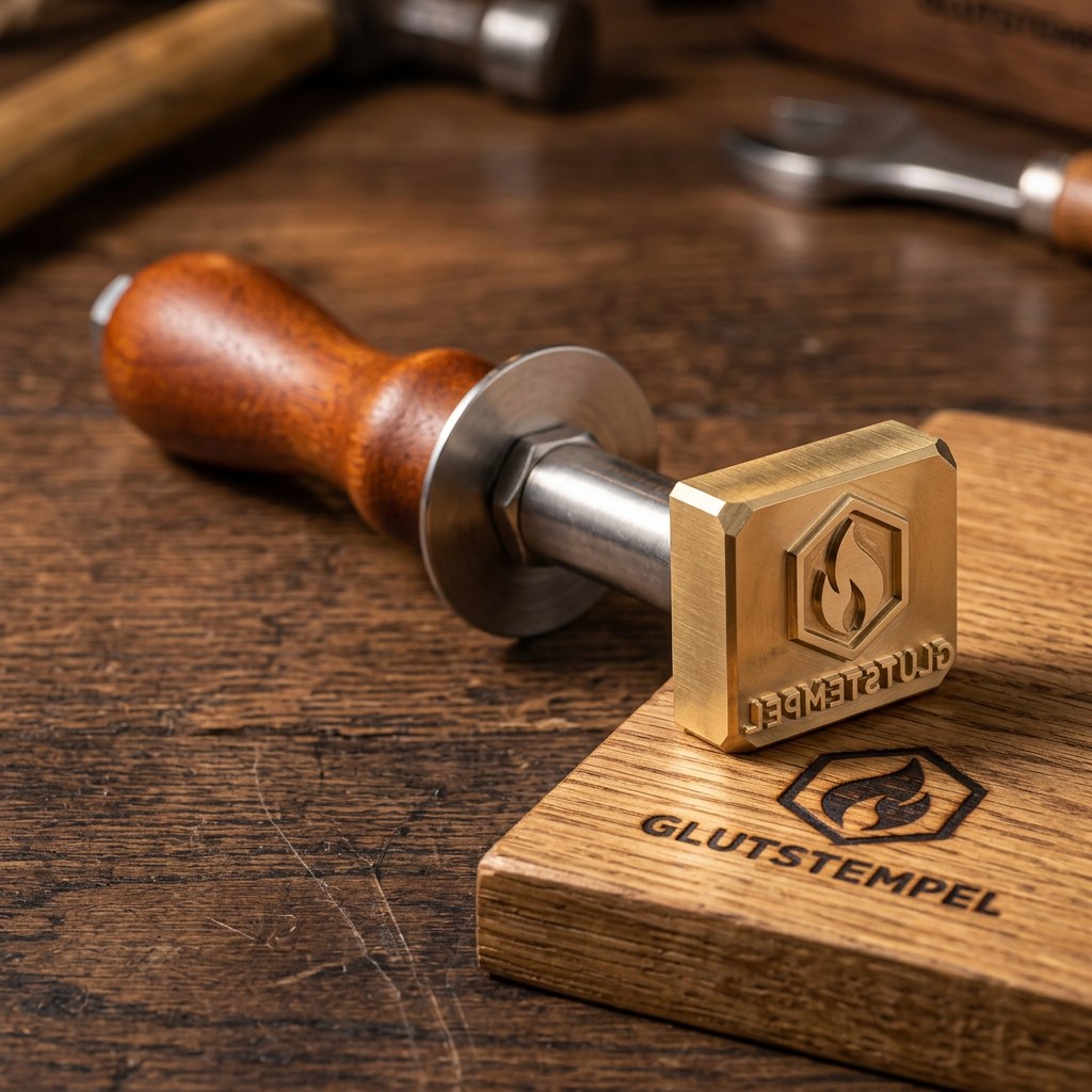 Messing-Brandstempel mit Holzgriff, Prägefläche mit erhabenem gespiegeltem Motiv und lesbarer Abdruck auf Eiche (KI-Visualisierung)