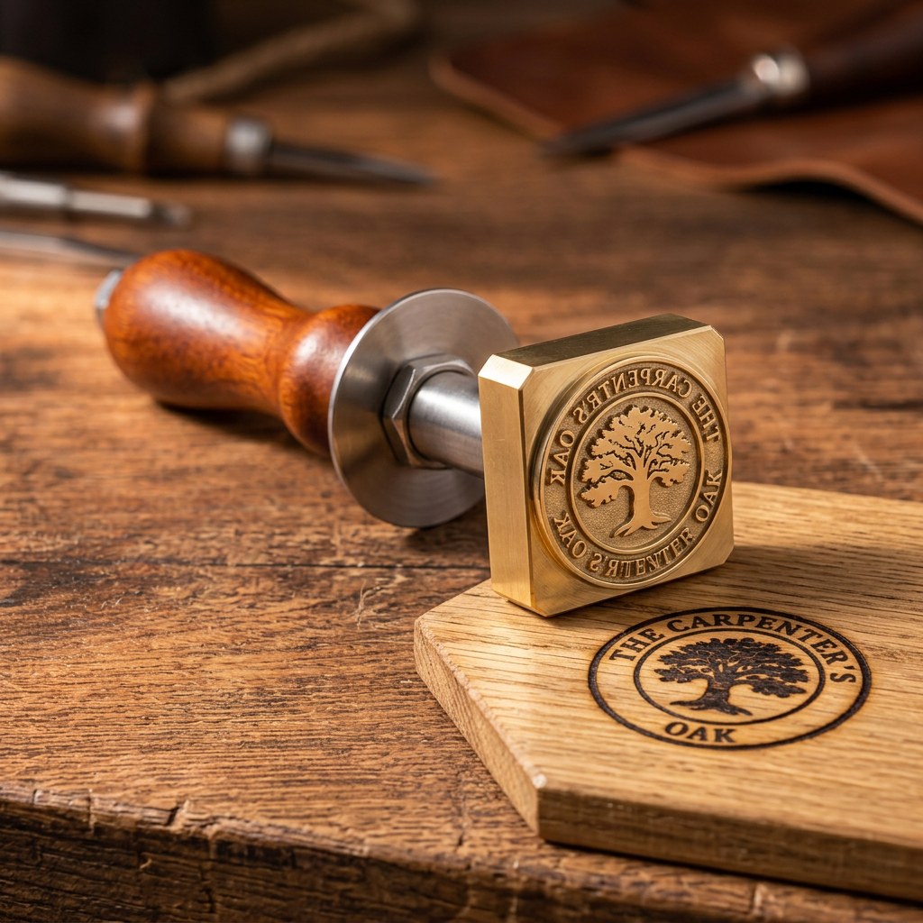 Messing-Brandstempel mit rundem Motiv und passendem Abdruck auf einem Holzdeckel, Beispielmotiv (KI-Visualisierung)