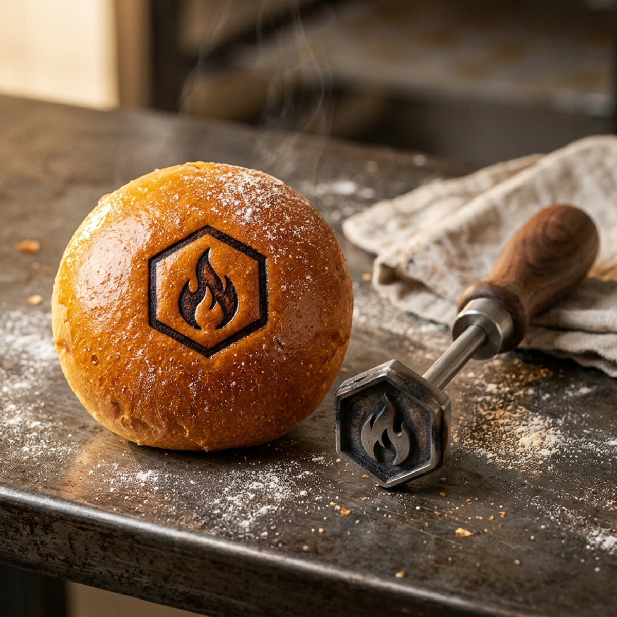Lebensmittelechter V4A-Edelstahl-Brandstempel beim Heißstempeln eines Burger-Buns