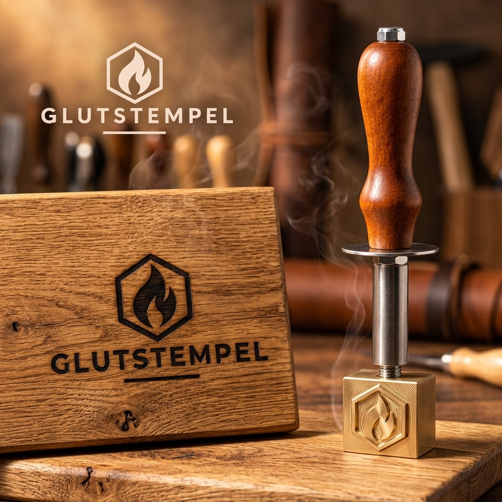 Glutstempel Holzgriff M6 montiert mit Messing-Brandstempel auf rustikaler Eiche