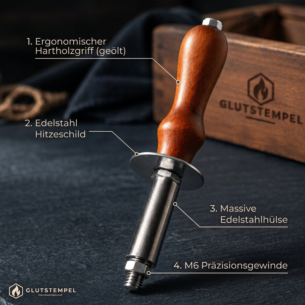 Glutstempel Holzgriff M6 – Technischer Aufbau: Ergonomischer Griff, Edelstahl Hitzeschild, Massive Edelstahlhülse, M6 Präzisionsgewinde