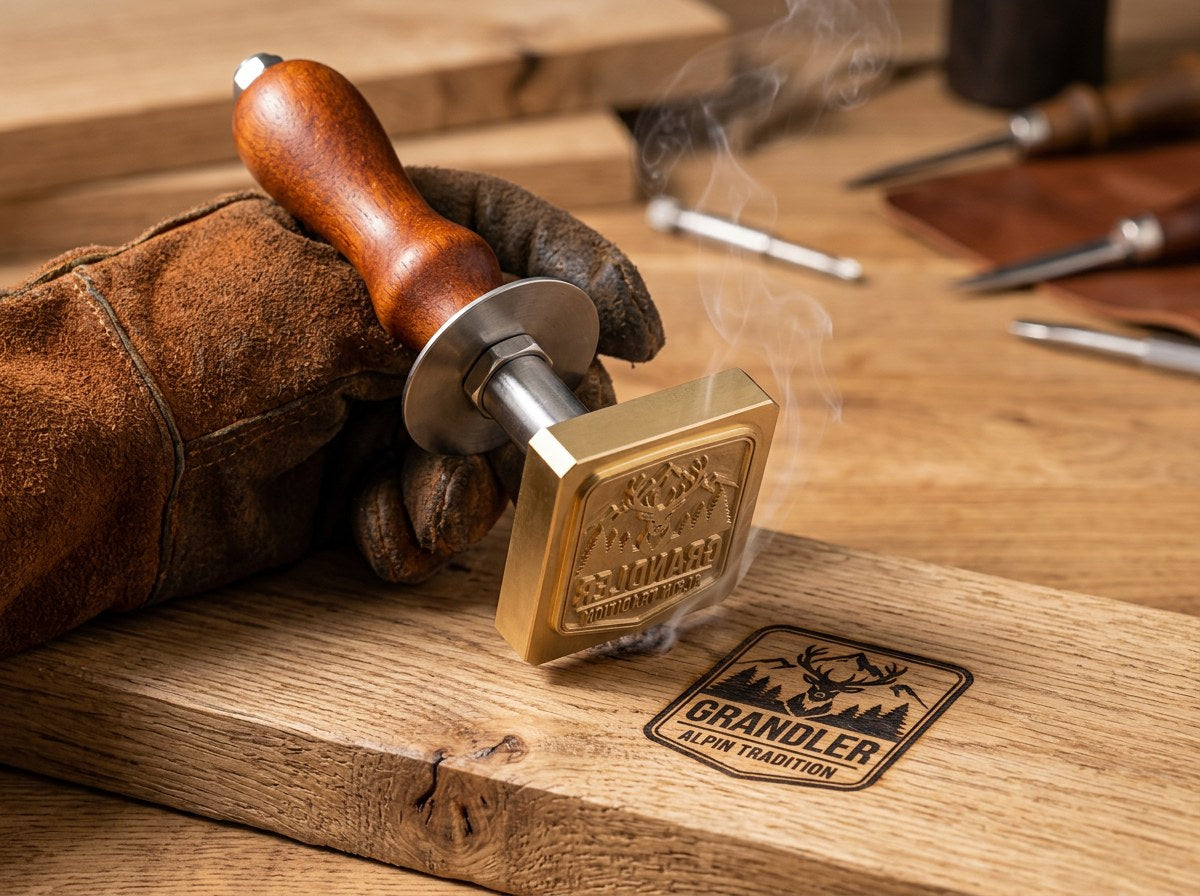 Hand mit Hitzeschutz-Handschuh brennt den Grandler-Stempel in Eichenholz (KI-Visualisierung)