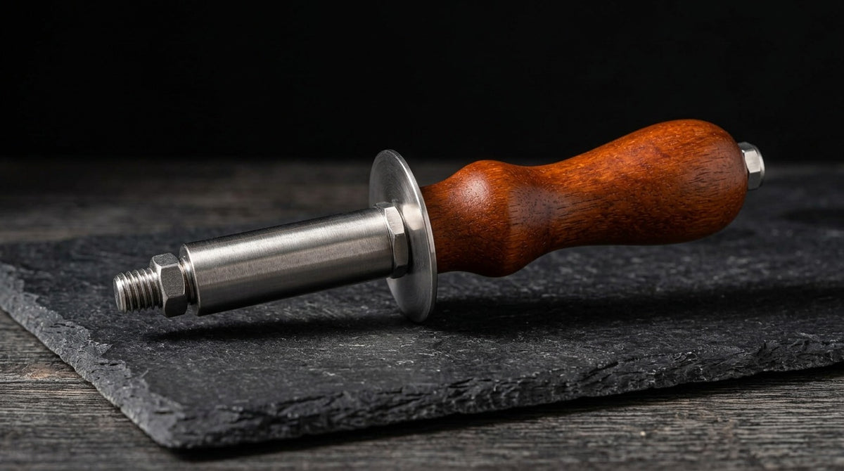 Hartholzgriff mit Edelstahl-Hitzeschild und Stahlhülse von der Seite (KI-Visualisierung)