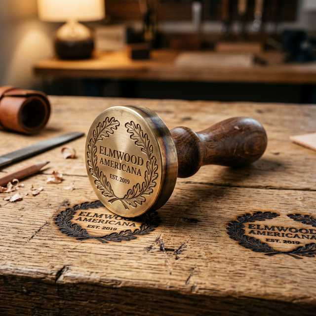 Hochwertiger Messing-Brandstempel mit individueller Logo-Gravur auf poliertem Metallkopf für präzise Brandmarkierung.