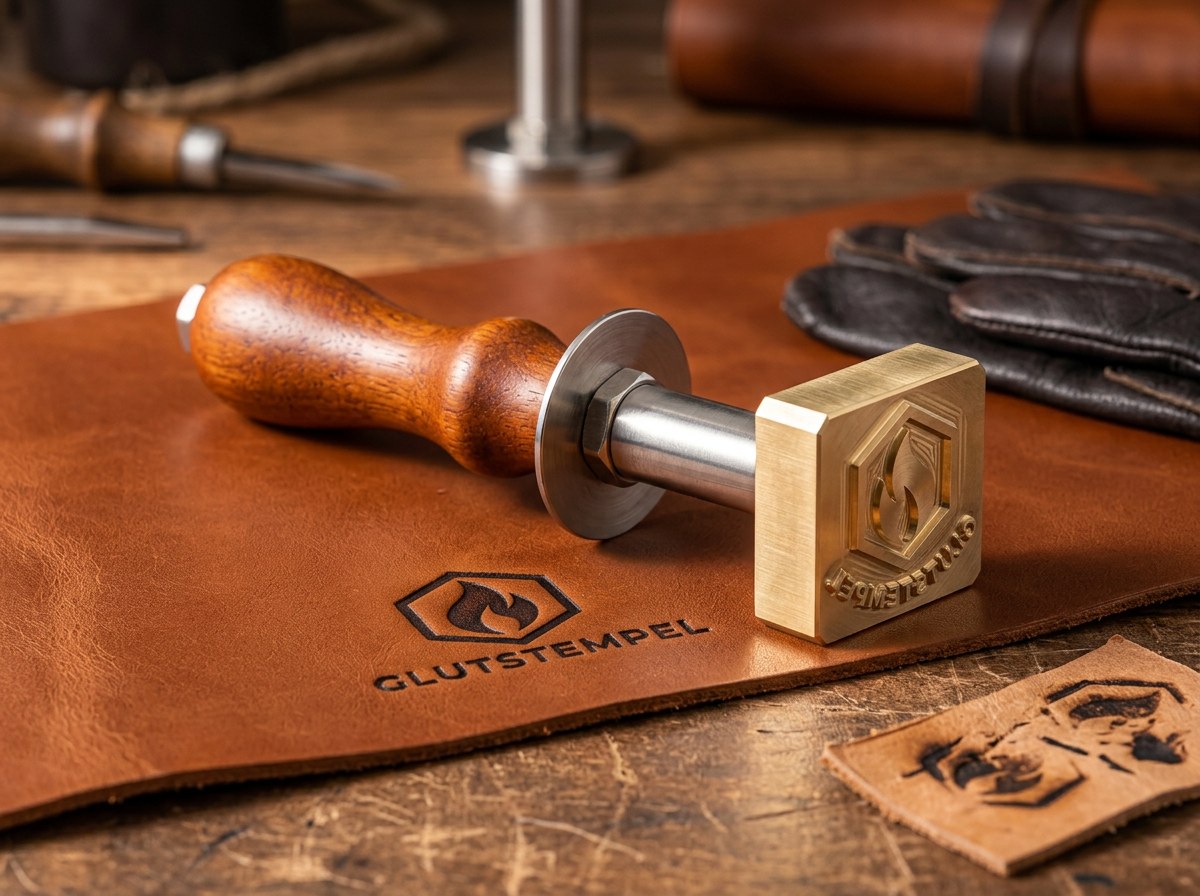 Messing-Brandstempel auf Leder mit Abdruck, Handschuh und Probestück (KI-Visualisierung)