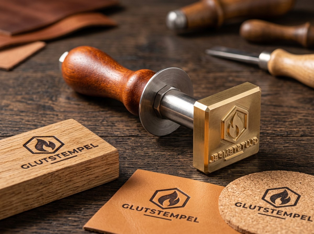 Brandstempel mit Abdrücken auf Eichenholz, Leder und Kork (KI-Visualisierung)