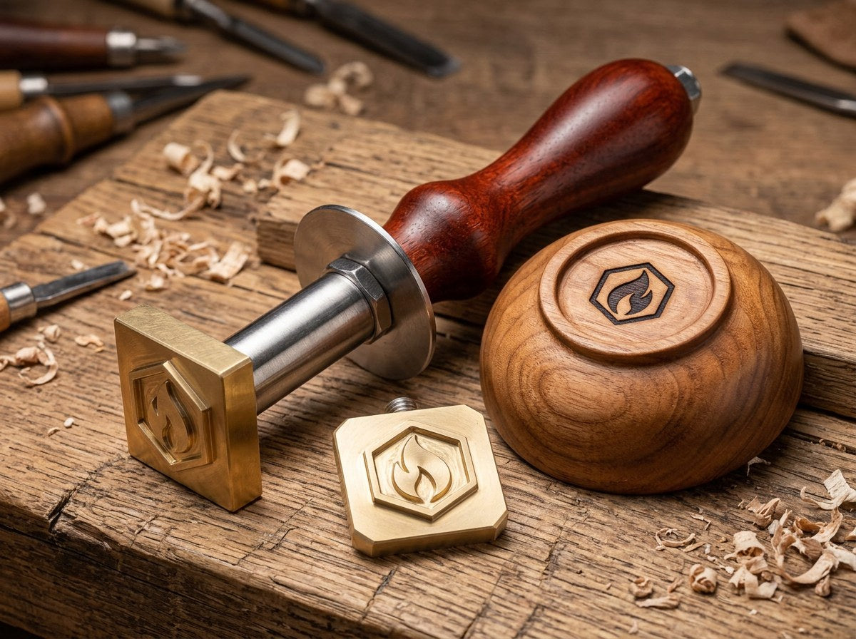 Signatur auf der Unterseite einer Holzschale mit Messing-Brandstempel (KI-Visualisierung)