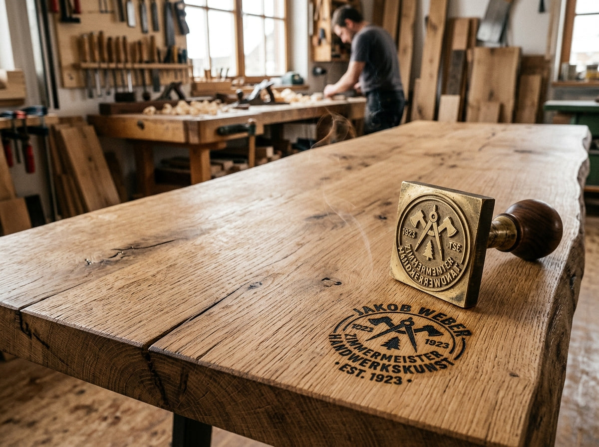 Glutstempel Messingstempel auf geöltem Massivholztisch